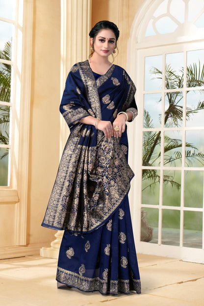 Vedant Vastram Litchi Silk Designer Banarasi Saree - Navy Blue