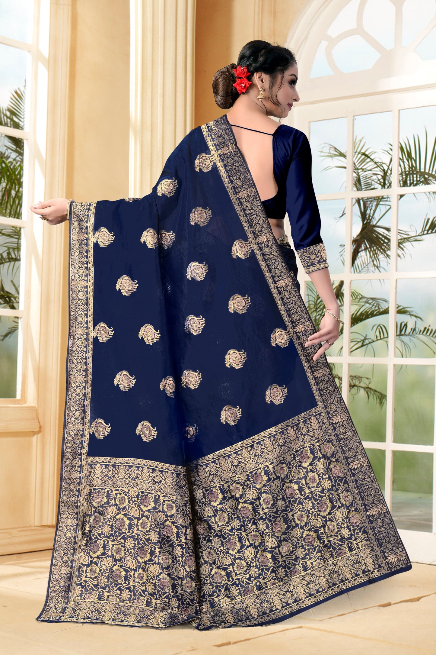 Vedant Vastram Litchi Silk Designer Banarasi Saree - Navy Blue