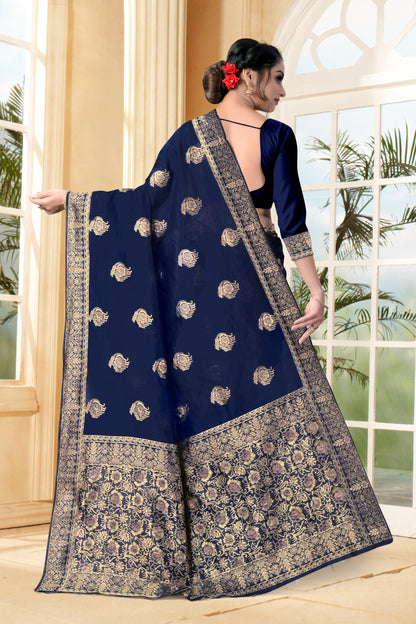Vedant Vastram Litchi Silk Designer Banarasi Saree - Navy Blue