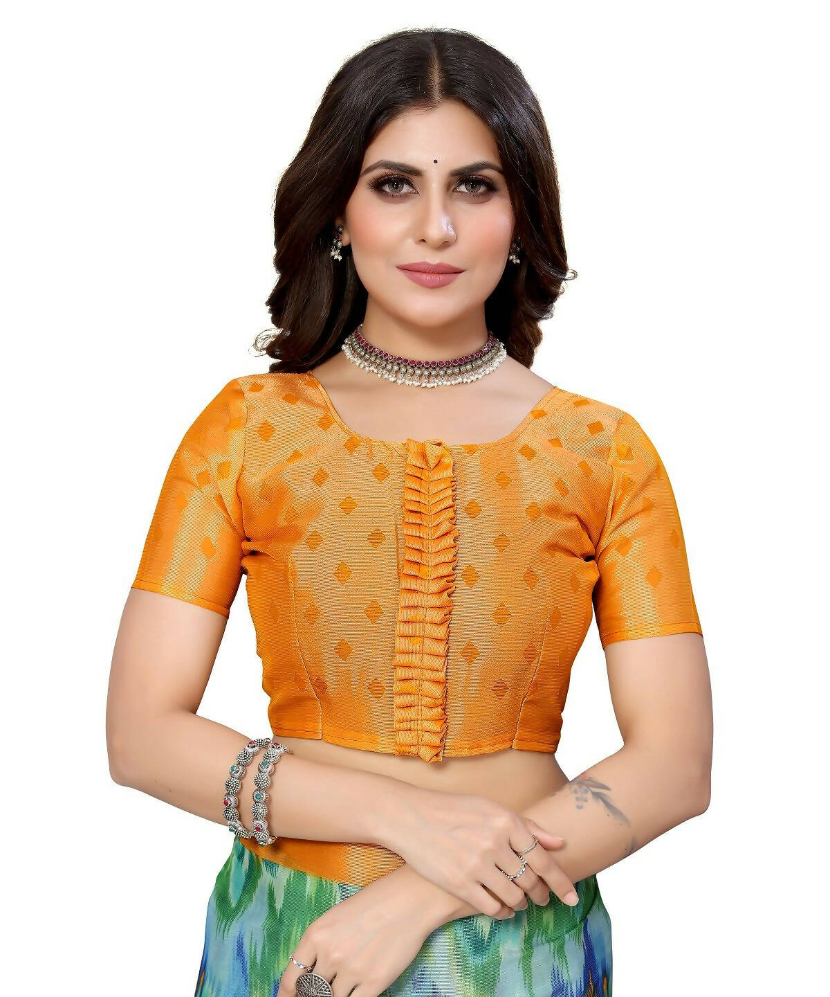Vamika Green Chiffon Brasso Bollywood Style Woven Saree (KARUNA YELLOW)