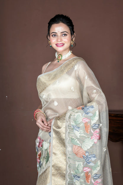 Morchari Beige Banarasi Tissue Computer Embroidery Saree Unstitched Blouse