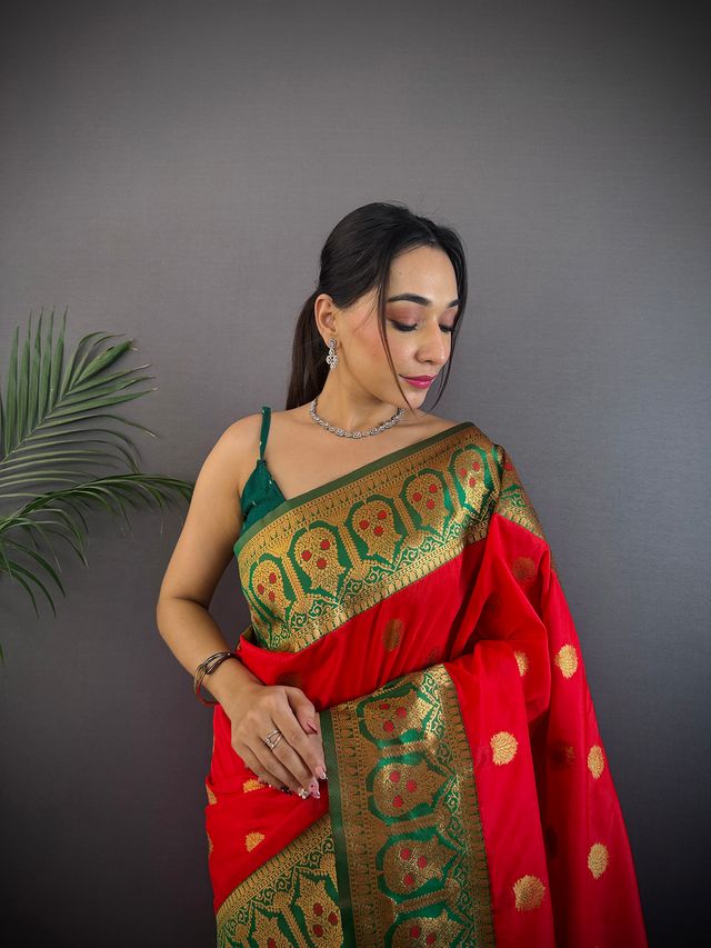 Elora Red Soft Silk Butti Zari Weaving Constrast Pallu Banarasi Saree