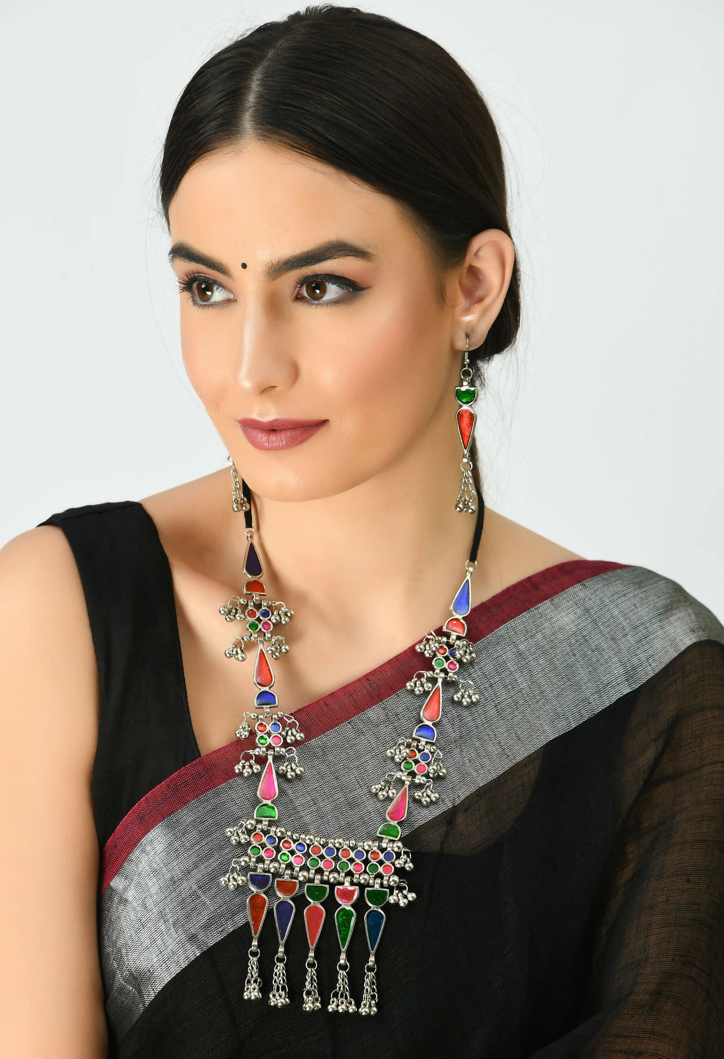 Mominos Fashion Johar Kamal Oxidised Silver-Plated Meenakari Multi Long Necklace Set For Women