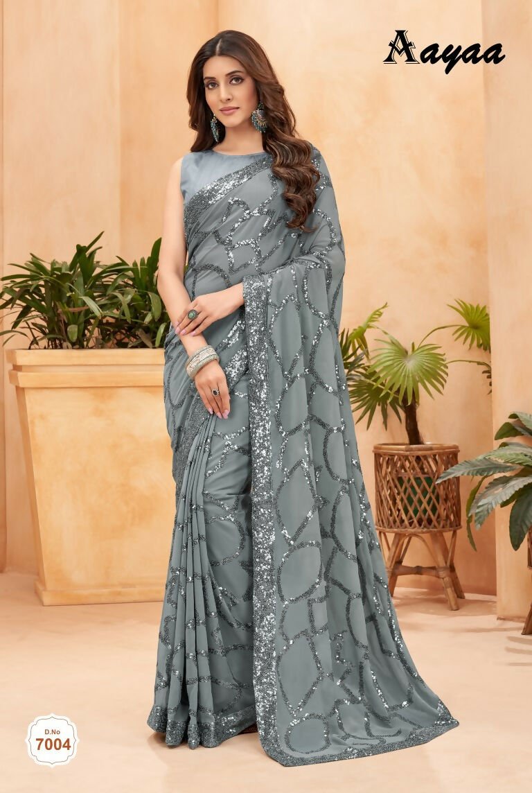 Aayaa Heavy Georgette Double Run Sequance Work Saree With Fitting Sequance Lace Border - Grey