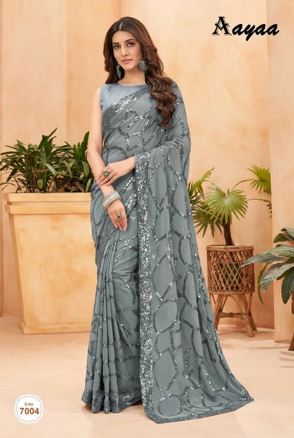 Aayaa Heavy Georgette Double Run Sequance Work Saree With Fitting Sequance Lace Border - Grey