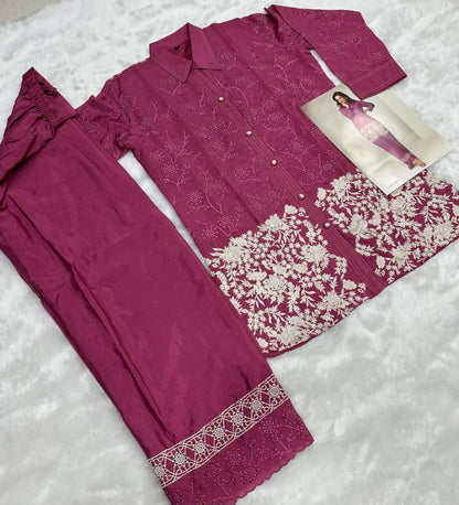 Anaita Magenta Chinon Silk Readymade Co-ords Set with Embroidery Work