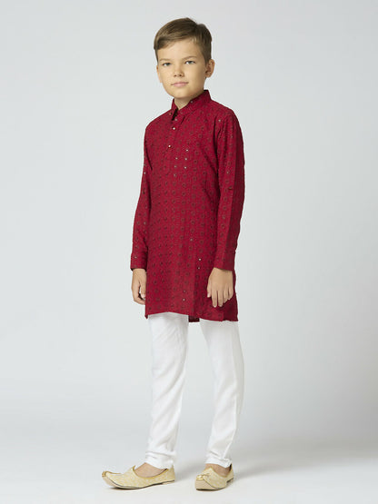 Joban Fashion Kids Island Full Sleeves Cotton Kurta and Pyjama Set with Sequin work - Maroon