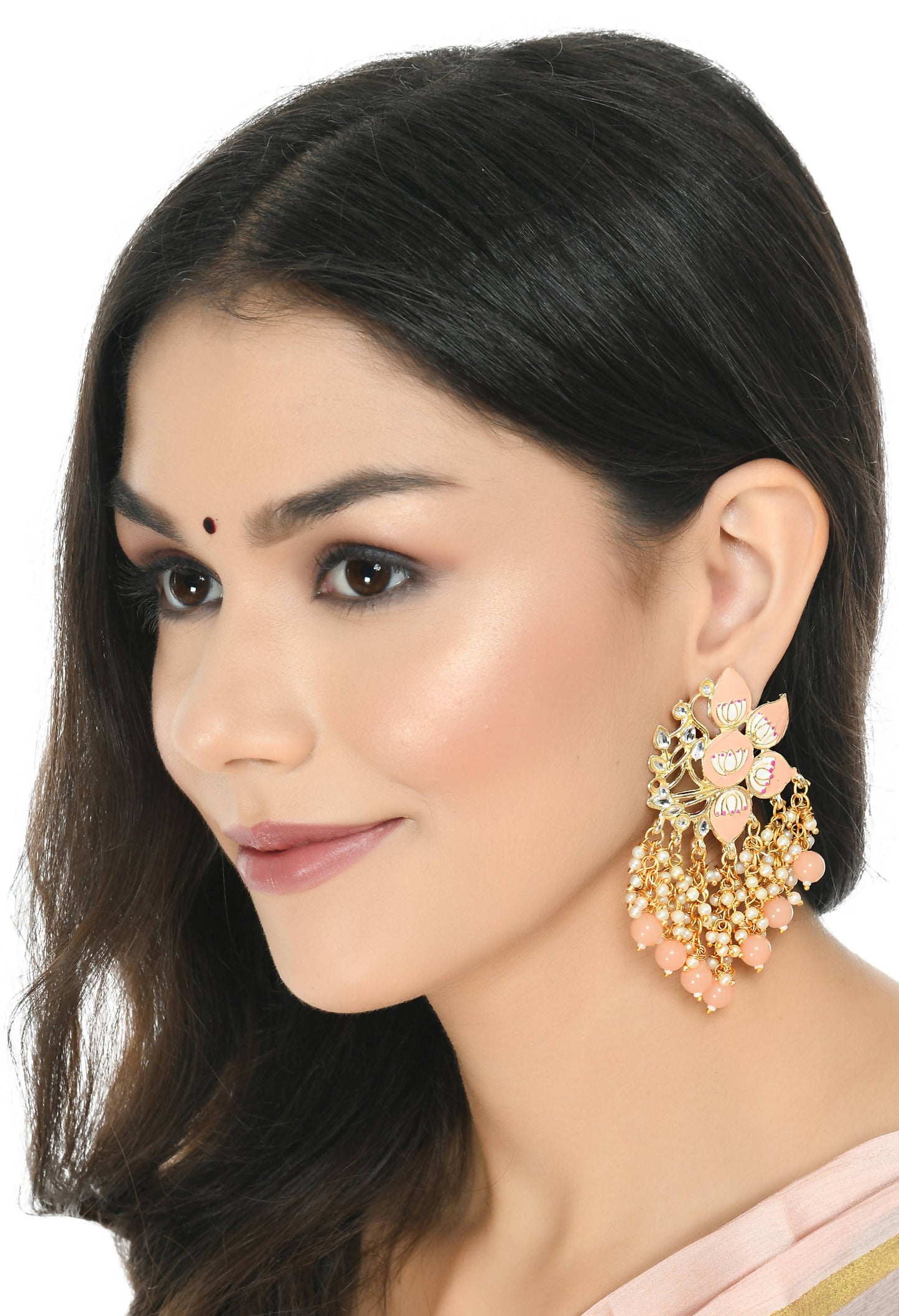 Mominos Fashion Johar Kamal Gold-Polished Kundan Peach Meenakari Earrings