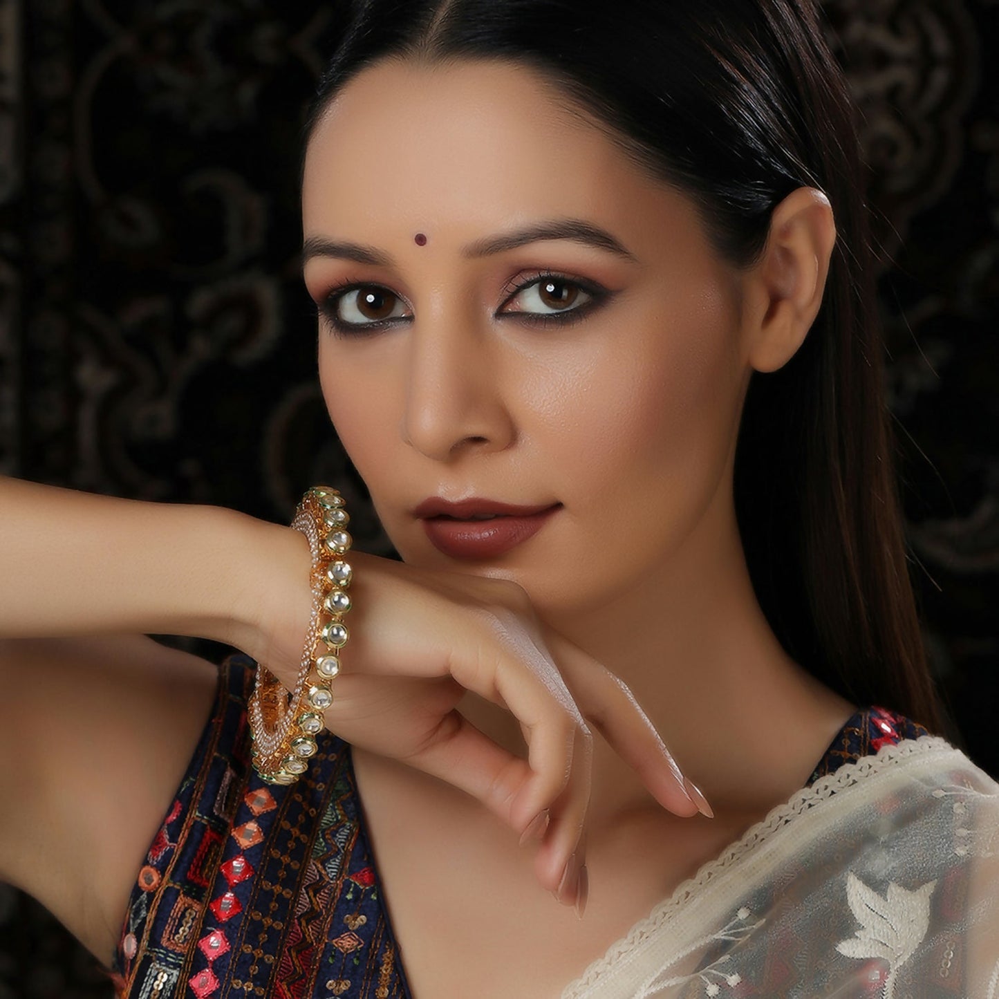 Kundan and Pearl Studded Bangle (Gold) - Ruby Raang