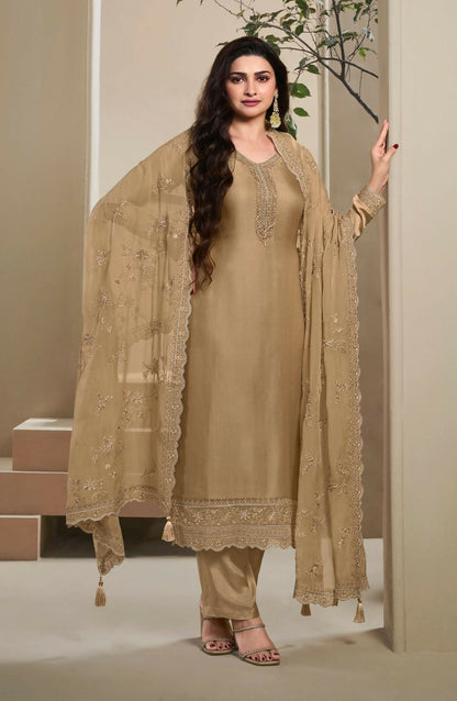 Anaita Brown Heavy Natural Crepe Stitched Suit with Embroidery & Zarkhan Work