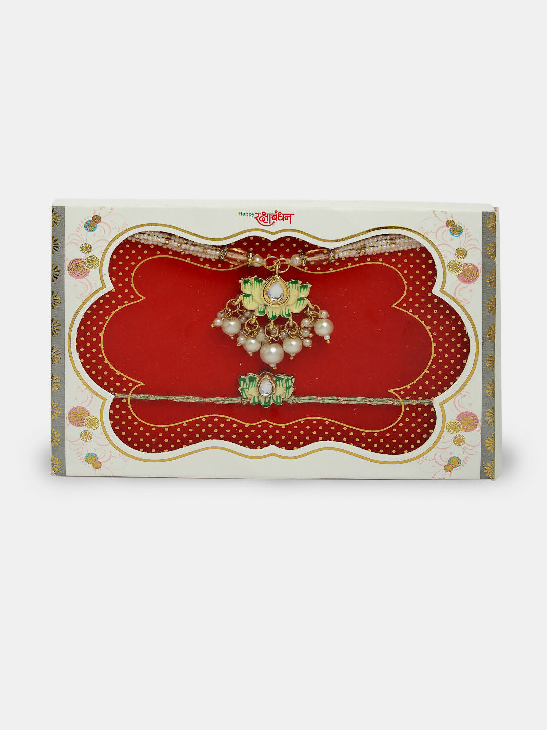 NVR Women & Men Set of 2 Green Lotus Shape Kundan-Studded & Beaded Handcrafted Wraparound Rakhi Set With Roli Chawal