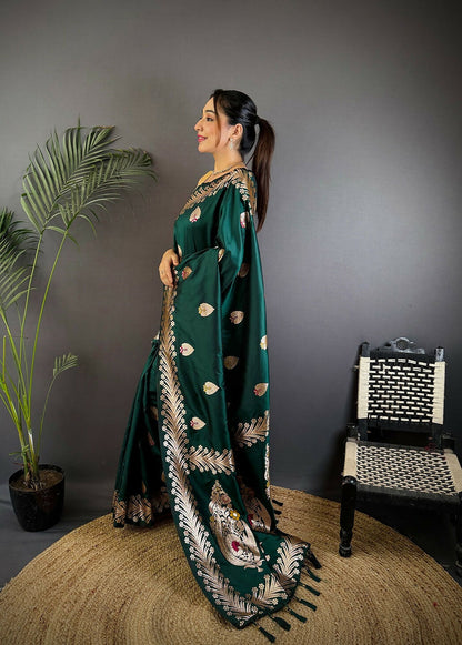 Joban Fashion Banarasi Deep Teal Woven Soft Silk Saree