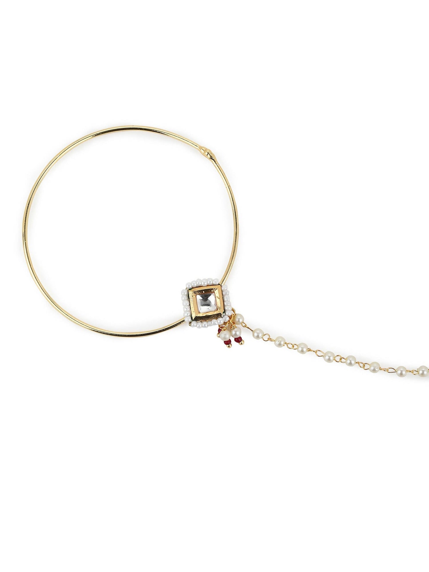White Gold-Polished Kundan Studded Beaded Nosepin - Ruby Raang