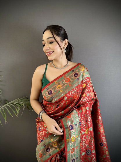 Joban Fashion Red Banarasi Soft Silk Woven Saree