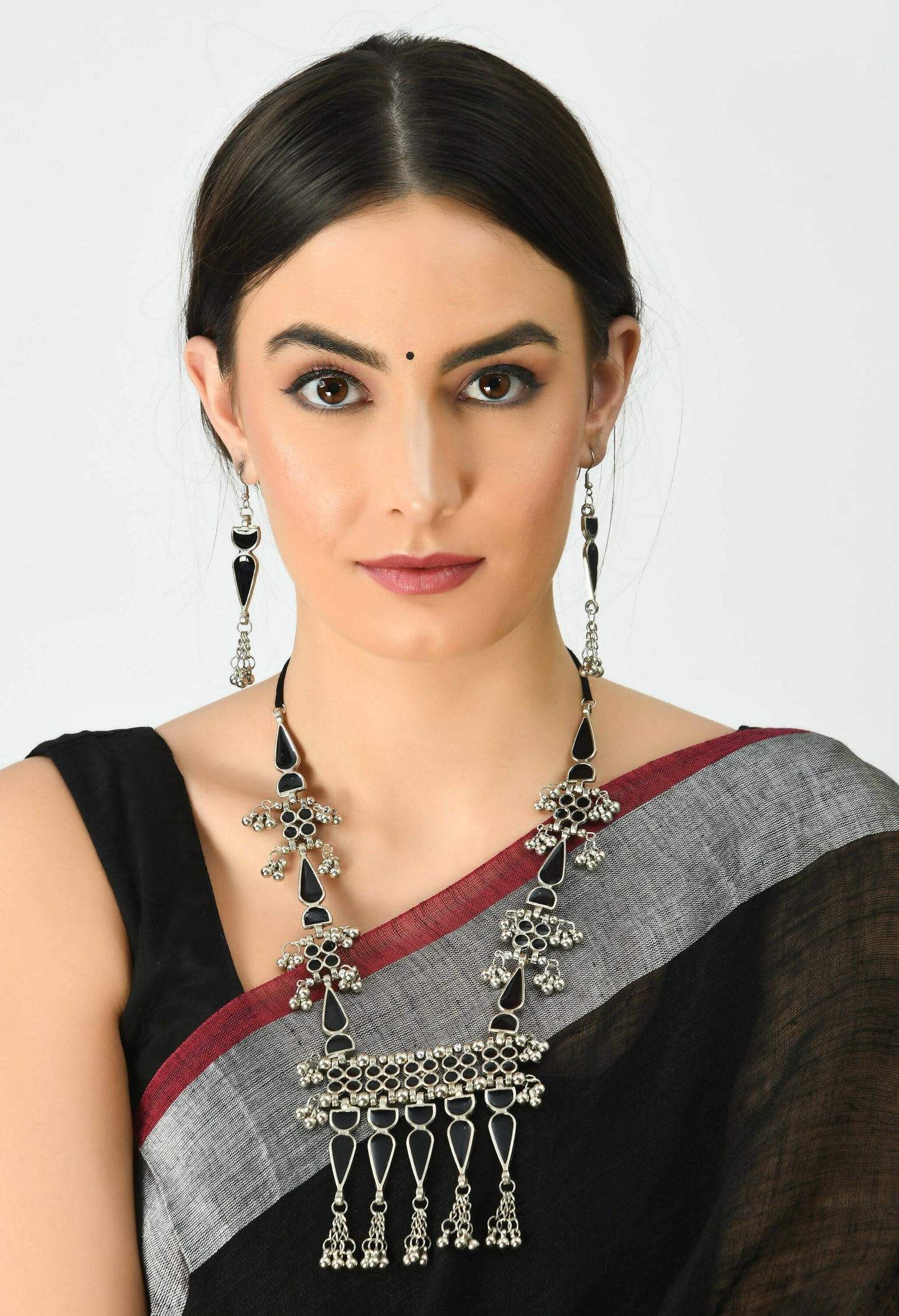 Mominos Fashion Johar Kamal Oxidised Silver-Plated Meenakari Long Necklace Set