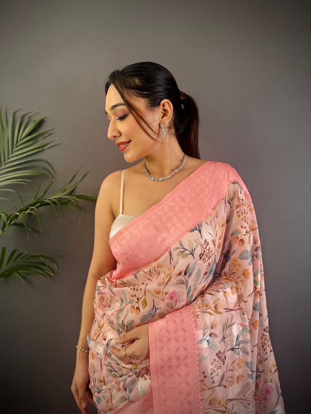 Elora Rose Pink Silk Floral Motifs Coppery Tone Contrast Floral Border Banarasi Saree