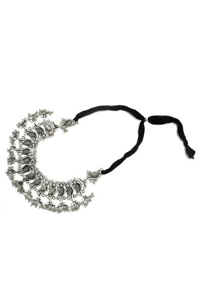 Mominos Fashion Johar Kamal Oxidised Silver-Plated Brass Finish Peacock Choker For Women (Silver)