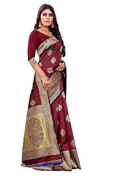 Vamika Weaving Banarasi Jacquard Maroon Kanjivaram Saree