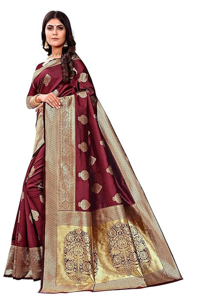 Vamika Weaving Banarasi Jacquard Maroon Kanjivaram Saree