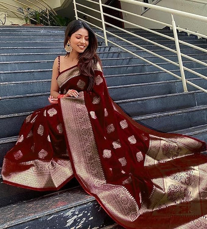 Vamika Weaving Banarasi Jacquard Maroon Kanjivaram Saree