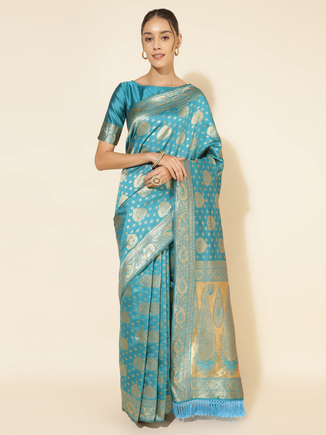 Janasya Turquoise Blue Banarasi Silk Woven Ethnic Motifs Banarasi Silk Saree