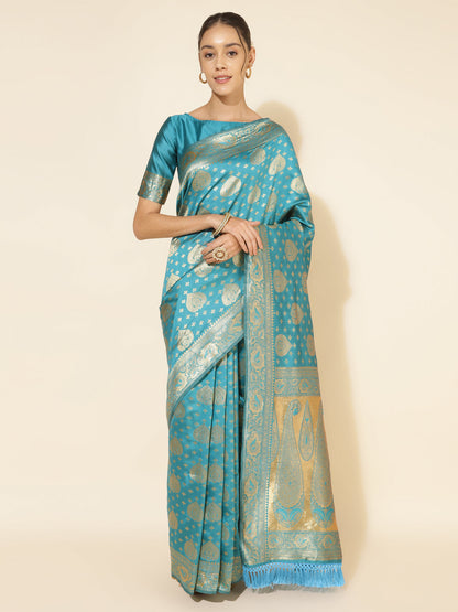 Janasya Turquoise Blue Banarasi Silk Woven Ethnic Motifs Banarasi Silk Saree