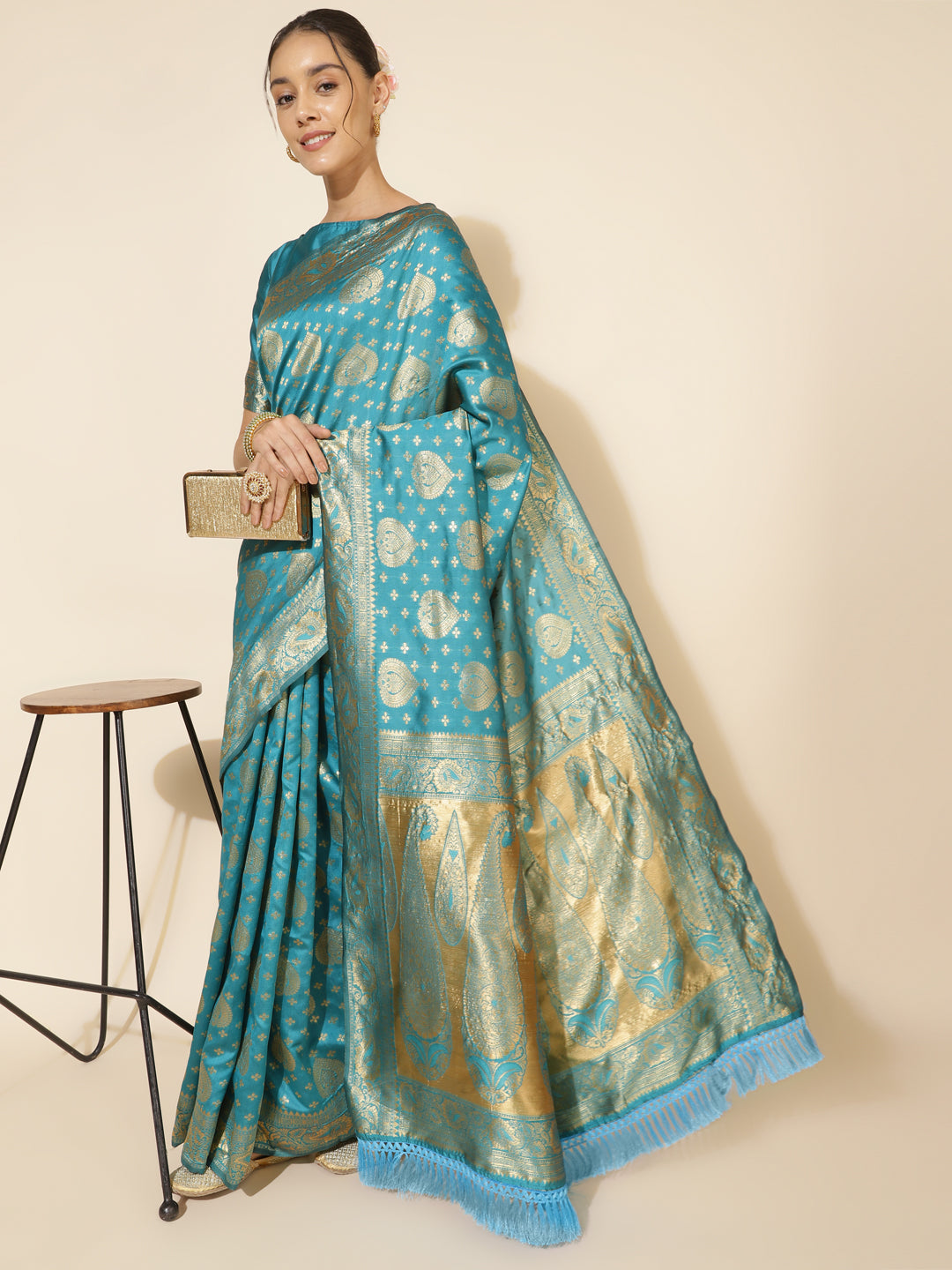Janasya Turquoise Blue Banarasi Silk Woven Ethnic Motifs Banarasi Silk Saree