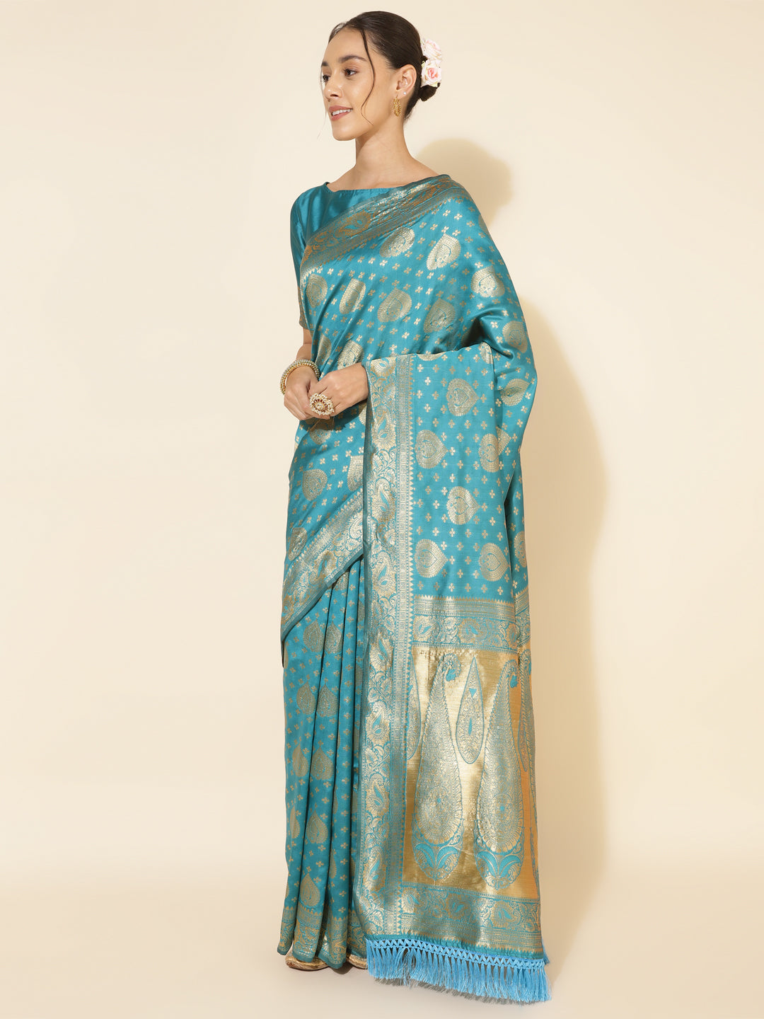 Janasya Turquoise Blue Banarasi Silk Woven Ethnic Motifs Banarasi Silk Saree