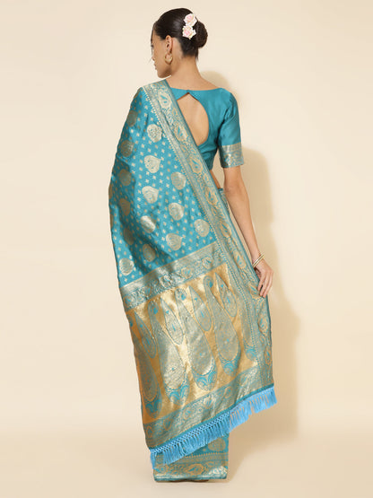 Janasya Turquoise Blue Banarasi Silk Woven Ethnic Motifs Banarasi Silk Saree