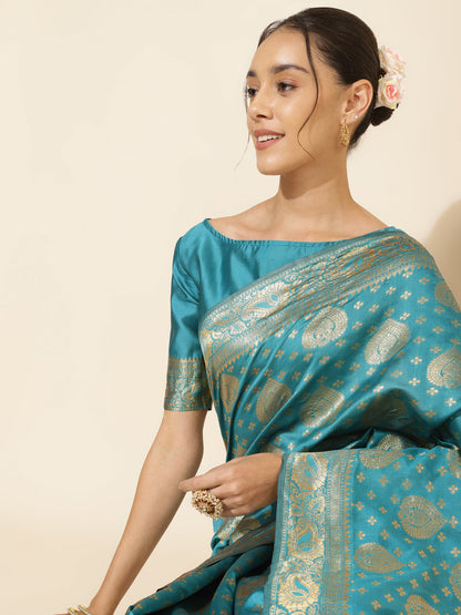 Janasya Turquoise Blue Banarasi Silk Woven Ethnic Motifs Banarasi Silk Saree