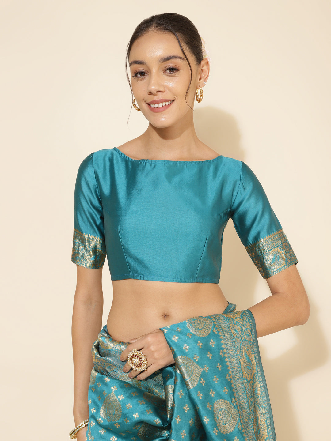 Janasya Turquoise Blue Banarasi Silk Woven Ethnic Motifs Banarasi Silk Saree