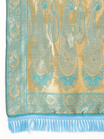 Janasya Turquoise Blue Banarasi Silk Woven Ethnic Motifs Banarasi Silk Saree
