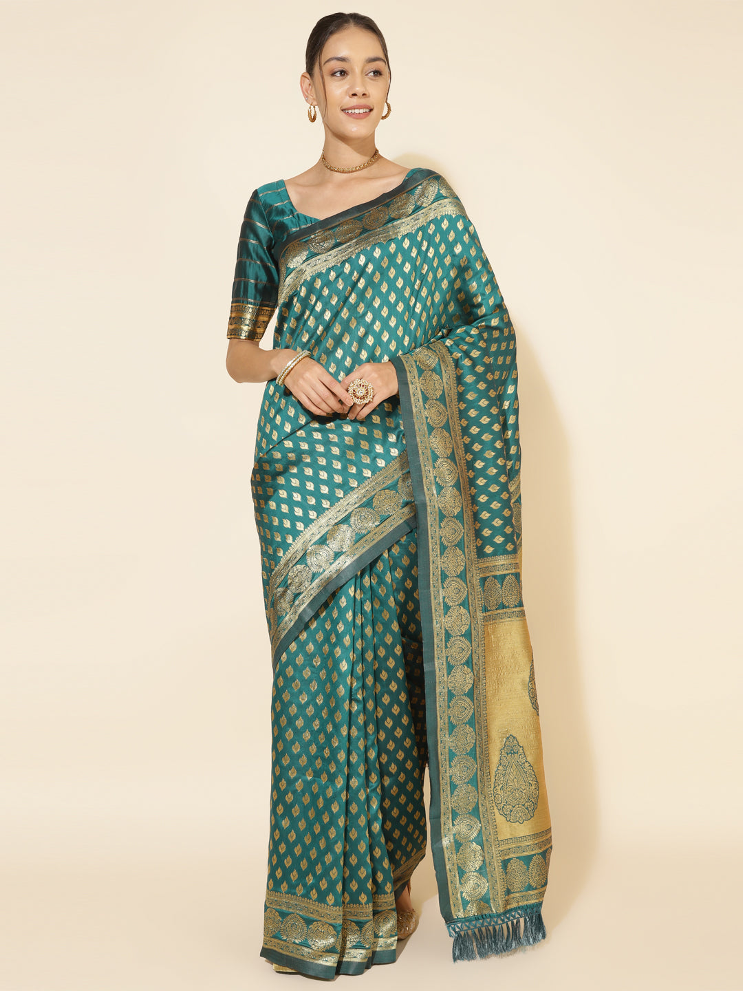 Janasya Peacock Green Silk Woven Ethnic Motifs Banarasi Silk Saree