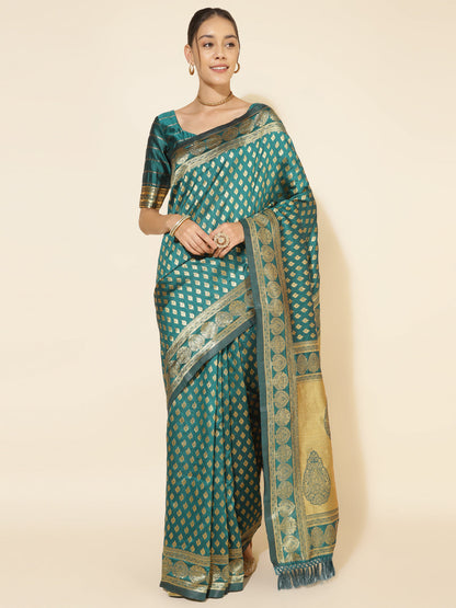 Janasya Peacock Green Silk Woven Ethnic Motifs Banarasi Silk Saree