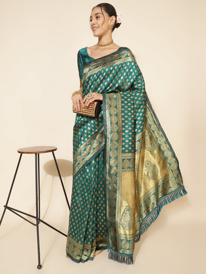 Janasya Peacock Green Silk Woven Ethnic Motifs Banarasi Silk Saree