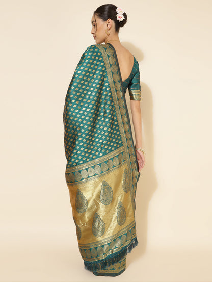 Janasya Peacock Green Silk Woven Ethnic Motifs Banarasi Silk Saree