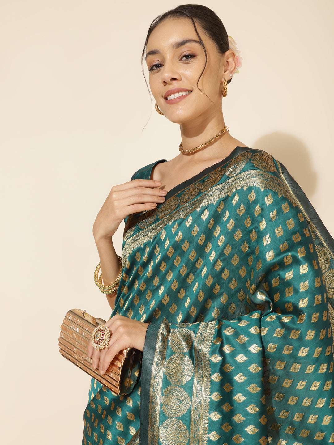 Janasya Peacock Green Silk Woven Ethnic Motifs Banarasi Silk Saree