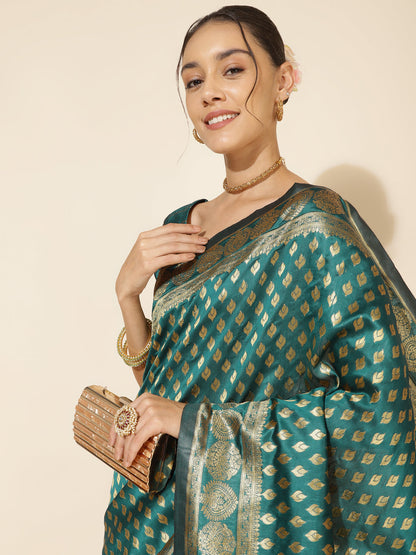 Janasya Peacock Green Silk Woven Ethnic Motifs Banarasi Silk Saree