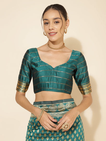 Janasya Peacock Green Silk Woven Ethnic Motifs Banarasi Silk Saree