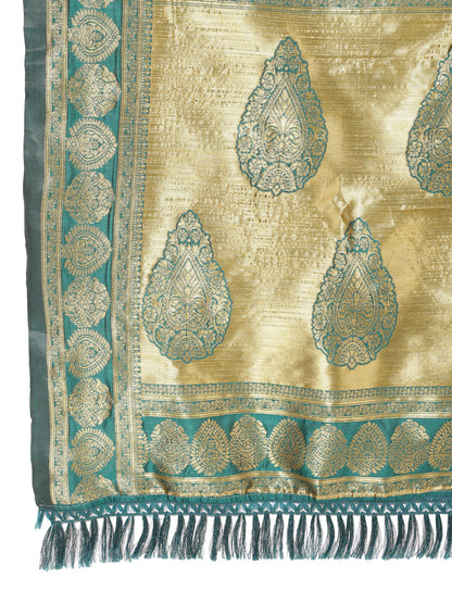 Janasya Peacock Green Silk Woven Ethnic Motifs Banarasi Silk Saree