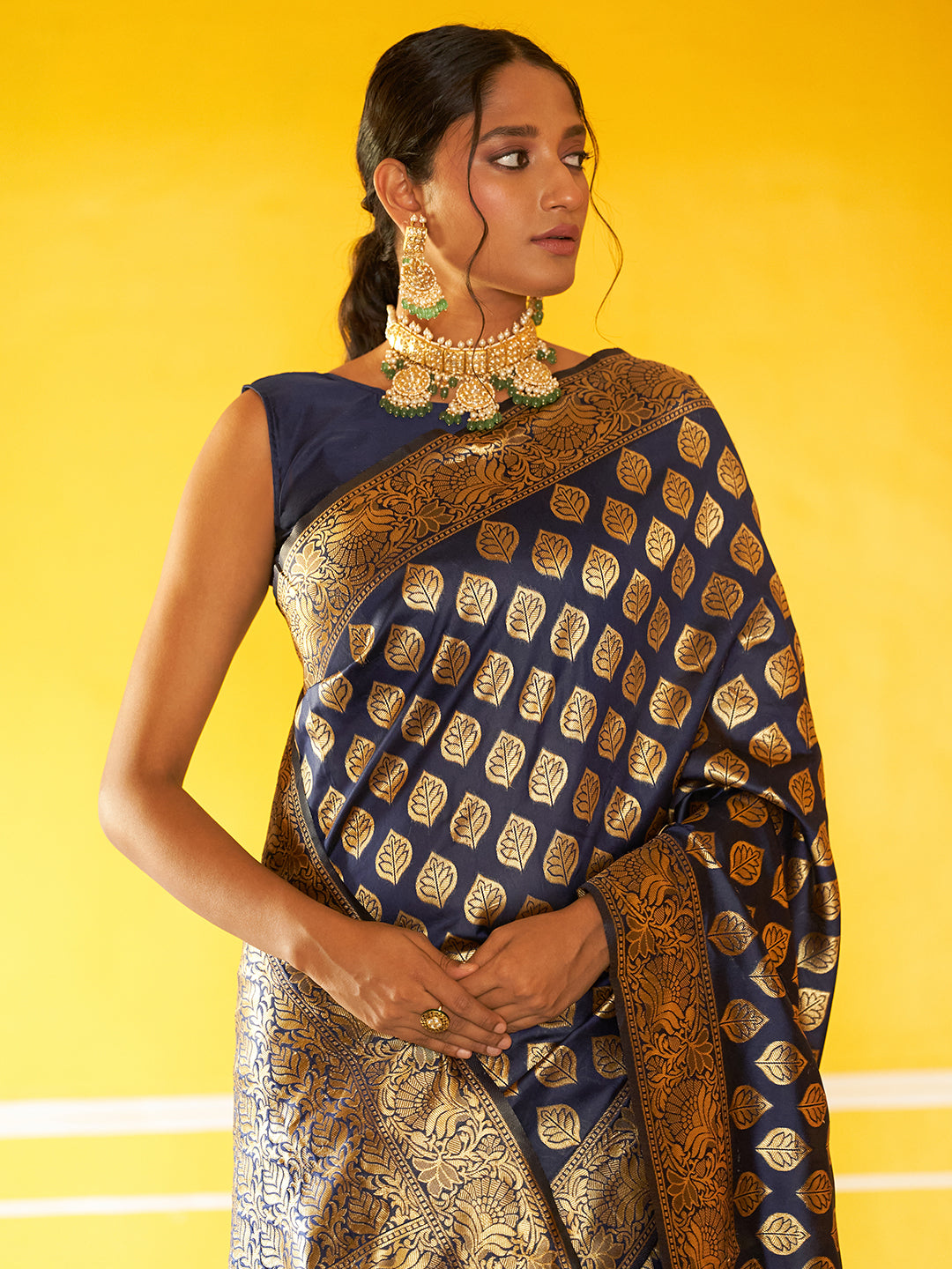 Janasya Navy Blue Banarasi Silk Woven Ethnic Motifs Banarasi Silk Saree