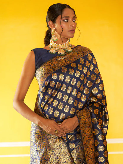 Janasya Navy Blue Banarasi Silk Woven Ethnic Motifs Banarasi Silk Saree