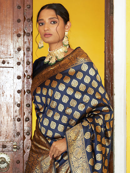 Janasya Navy Blue Banarasi Silk Woven Ethnic Motifs Banarasi Silk Saree