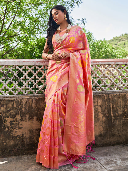Janasya Light Pink Banarasi Silk Woven Floral Design Banarasi Saree