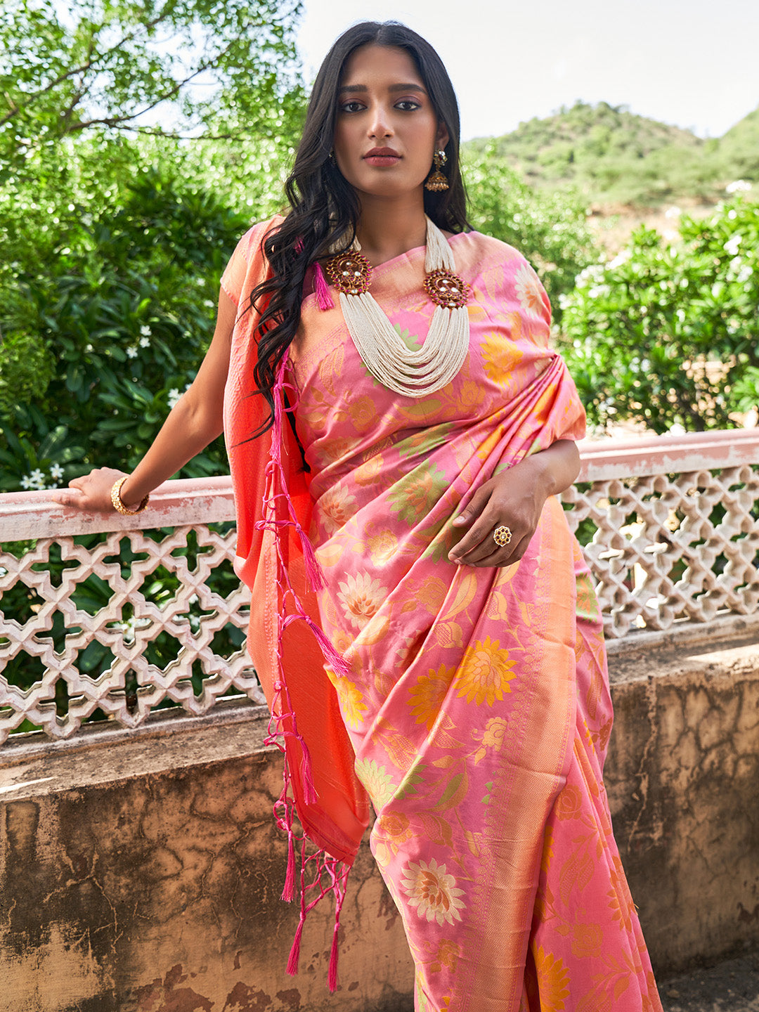 Janasya Light Pink Banarasi Silk Woven Floral Design Banarasi Saree