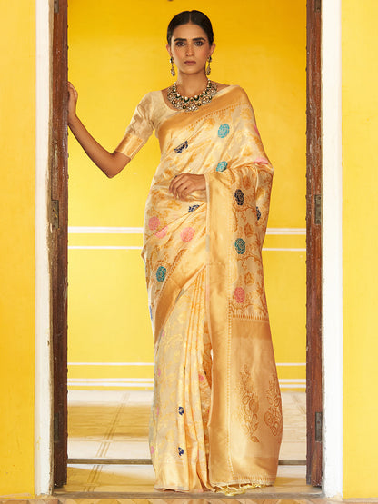 Janasya Cream Banarasi Silk Woven Floral Design Banarasi Saree