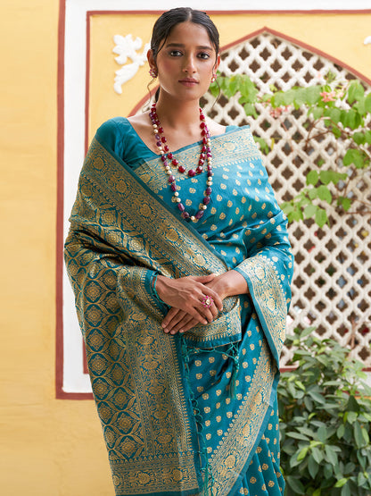 Janasya Teal Green Banarasi Silk Woven Ethnic Motifs Woven Design Saree