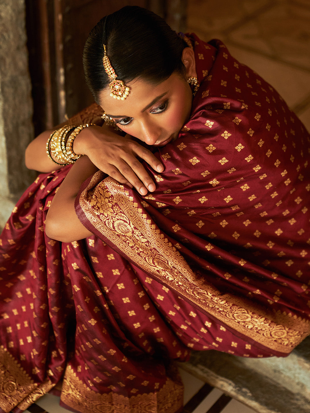 Janasya Maroon Banarasi Silk Woven Ethnic Motifs Woven Design Saree