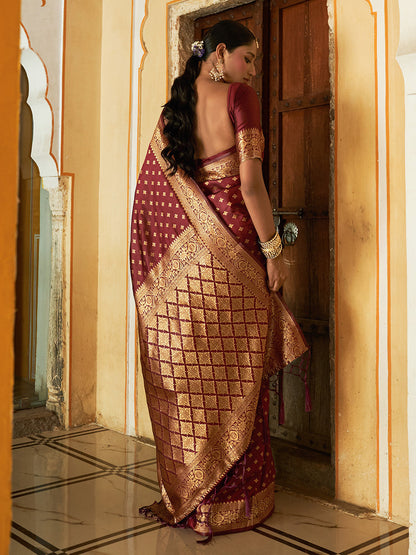Janasya Maroon Banarasi Silk Woven Ethnic Motifs Woven Design Saree