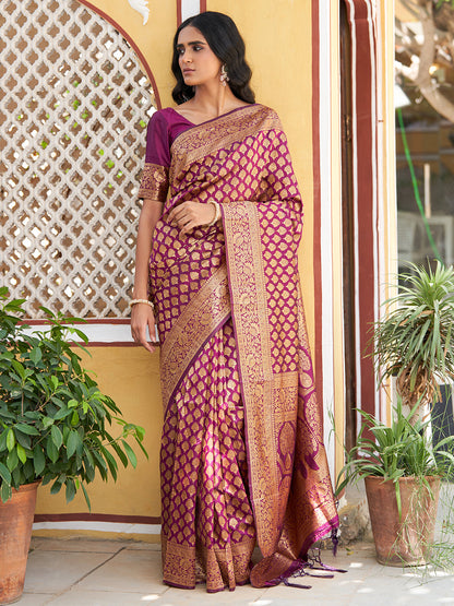 Janasya Wine Banarasi Silk Woven Ethnic Motifs Woven Design Saree